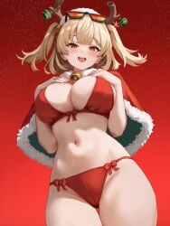 1girls ass big_ass big_breasts big_thighs blonde_hair blush bra breasts burnice_white christmas christmas_clothing christmas_outfit cute deer_horns female female_focus female_only horn huge_thighs jingle_bell looking_at_viewer open_mouth orange_hair panties tagme thick_hips thick_thighs thighs twintails yan_kodiac zenless_zone_zero