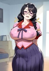 ai_generated bakemonogatari big_breasts black_hair braided_twintails covered_nipples erect_nipples erect_nipples_under_clothes glasses half-closed_eyes hanekawa_tsubasa huge_breasts large_breasts looking_at_viewer monogatari_(series) nipple_bulge nipples school_uniform seductive_look seductive_smile solo tharkica twin_braids twintails