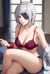 ai_generated breasts eyepatch female female_only gina_dickinson god_eater god_eater_2:_rage_burst lingerie medium_breasts pale-skinned_female purple_lingerie red_eyes white_hair