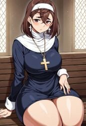 ai_generated anime ayase_momo brown_hair catholic church church_interior civitai clothed_female dandadan earings hourglass_figure huge_breasts nun thick_thighs thunder_thighs tight_clothing