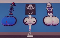 3d anthro anus asriel_dreemurr ass balls blue_skin cum cum_drip cum_dripping cum_dripping_from_penis cum_on_floor female_focus furry game_cg game_screenshot lineup male_focus mother_and_son penis pussy recroom recroom-nsfw stuck stuck_in_wall toriel undertale undertale_(series) undyne wall white_fur