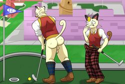 anthro ass balls bottomless bulge clothed clothing erection father father_and_son feline foreskin gay golf golfing humanoid_penis incest male mammal meowth nintendo parent penis persian pokemon smile smutty-smeargle son standing uncut video_games yaoi