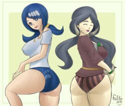 2girls absurdres blue_eyes blue_hair booty_shorts clothed drasna_(pokemon) elite_four falkeart female female_only freckles human human_only lana's_mother_(pokemon) looking_at_viewer milf mob_face nintendo pokemon pokemon_sm pokemon_xy purple_lipstick text thick_thighs wide_hips