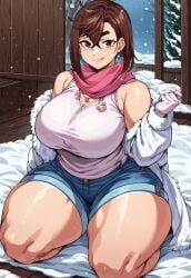 ai_generated ayase_momo brown_hair civitai dandadan earrings gloves hands hips hotpants hourglass_figure huge_breasts jacket necklace on outside scarf smiling smirking snow thick_thighs trees