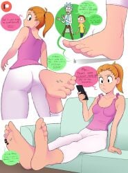 1girls 2boys ass_focus foot_fetish foot_focus giantess morty_smith orange_hair phone punishedmosquito rick_sanchez self_aware stepped_on summer_smith tank_top yoga_pants