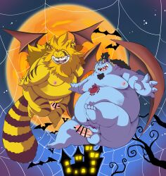 2022 absurd_res anthro balls belly big_belly blue_body boner censored chibineco detailed_background duo erection felid fish-men_(one_piece) genitals halloween hi_res holidays jinbe kemono male male_only mammal marine minkmen_(one_piece) moobs moon nekomamushi night nipples nude one_piece outside overweight overweight_male penis wings yellow_body