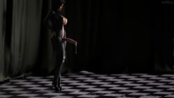 1futa 3d black_hair bodysuit breasts catsuit cum cum_drip dickgirl futanari high_heels intersex large_breasts nipples nothingmore penis precum selene_(nothingmore) solo_futa unzipped