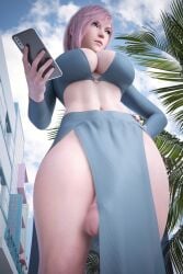 3d 3d_(artwork) big_breasts big_penis cleavage clothed eclair_farron final_fantasy_xiii futa_only futanari navel partially_exposed_penis penis_under_clothes penis_under_skirt pink_hair stevencarson worm's-eye_view