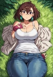 ai_generated anime ayase_momo brown_hair chest civitai clothed_female dandadan earrings fingerless_gloves grass grass_field hourglass_figure huge_breasts jacket_open jeans outdoors outside suprised_look tank_top thick_thighs thunder_thighs