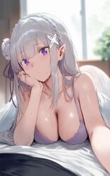 ai_generated bare_arms bare_shoulders bed bed_sheet big_breasts blush bra braid breasts cleavage closed_mouth collarbone elf emilia_(re:zero) grey_hair hair_ornament hand_on_chin indoors long_hair lying on_stomach pointy_ears purple_bra purple_eyes re:zero_kara_hajimeru_isekai_seikatsu setsuaiart shiny_skin under_blanket underwear