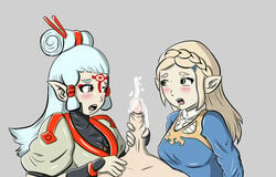 1boy 2girls blush breath_of_the_wild clothed clothed_female_nude_male cum handjob link link_(breath_of_the_wild) nintendo nyaruhodo paya_(the_legend_of_zelda) princess_zelda sharing shocked swingers the_legend_of_zelda threesome two_on_one unseen_male_face zelda_(breath_of_the_wild)