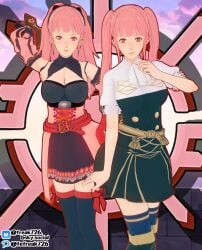 2girls 3d arm_behind_head bangs bare_thighs boots breasts cleavage crest_(fe3h) dual_persona earrings fefreak726 fire_emblem fire_emblem:_three_houses garreg_mach_monastery_uniform gloves hilda_valentine_goneril large_breasts looking_at_viewer multiple_girls outdoors pink_eyes pink_hair ponytail post-timeskip pre-timeskip short_shorts smile thighhighs thighs twintails