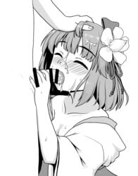 bangs bar_censor blush breasts censored cleavage closed_eyes cum cum_on_hair eyebrows_visible_through_hair facial fellatio female flower go3_(debris00) greyscale hair_flower hair_ornament hand_on_another's_head hieda_no_akyuu monochrome nose_blush oral penis short_hair short_sleeves simple_background small_breasts solo_focus sweat touhou white_background