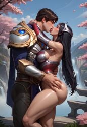 ai_generated big_cock big_penis french_kiss hot_hero hot_man huge_cock irelia irelia_xan kissing league_of_legends light-skinned_male loving_couple muscular_male not_ntr voluptuous_female