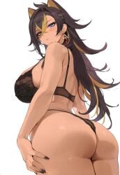 1girls ai_generated ass black_hair blue_eyes bra breasts dark-skinned_female dark_skin dehya_(genshin_impact) genshin_impact looking_at_viewer panties underwear