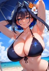 ai_generated beach big_breasts bikini blue_eyes blue_hair hololive hololive_english hololive_english_-council- hololive_english_-promise- looking_away ouro_kronii ser0tonin tagme virtual_youtuber