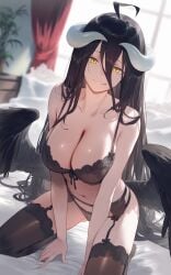 ahoge ai_generated albedo_(overlord) ass_visible_through_thighs bare_arms bare_belly bare_shoulders bed bed_sheet belly_button big_breasts black_bra black_hair black_panties bra breasts brown_thighhighs cleavage collarbone garter_belt garter_straps horns indoors lace-trimmed_bra licking_own_lips lingerie long_hair on_knees overlord_(maruyama) panties setsuaiart shiny_skin smile succubus succubus_tail thighhighs thighs tongue tongue_out underwear yellow_eyes zettai_ryouiki