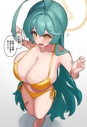 absurdres ahoge bandaid bandaid_on_leg bare_arms bare_legs bare_shoulders barefoot bikini blue_archive blush breasts cleavage collarbone female gold_bikini green_hair halo highres huge_breasts long_hair navel open_mouth side-tie_bikini_bottom simple_background solo speech_bubble suzume_b swimsuit translation_request very_long_hair white_background yellow_eyes yellow_halo yume_(blue_archive)