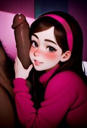 ai_generated blush brown_hair clothed_female_nude_male cock_worship dark-skinned_male grabbing_penis gravity_falls light-skinned_female looking_at_viewer looking_pleasured mabel_pines naughty_face penis_on_cheek penis_on_face pink_sweater pubic_hair