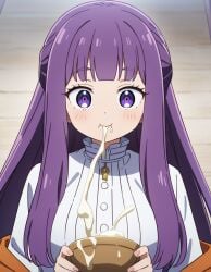 1girls ai_generated bowl clothed cum cum_bowl cum_in_bowl cum_in_container cum_in_mouth cute eating eating_cum female female_only fern_(sousou_no_frieren) morindar purple_body purple_hair sousou_no_frieren swallowing swallowing_cum