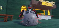 anthro avian bones_in_belly breasts crossgender digestion digestion_noises disgusting feline female female_only grey_body hazbin_hotel husk_(hazbin_hotel) roblox roblox_studio rule_63 solo spytf2realha top_hat vore vore_belly