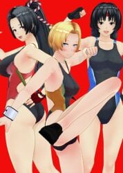 3girls ass big_breasts blue_eyes braid brown_eyes brown_hair busty clothed female from_behind hair_ornament headband king_(snk) king_of_fighters light-skinned_female light_skin long_hair looking_at_viewer looking_back mai_shiranui one-piece_swimsuit one_leg_up open_mouth pale-skinned_female pale_skin shoes short_hair standing swimsuit thick_thighs thighs tied_hair voluptuous voluptuous_female yuri_sakazaki