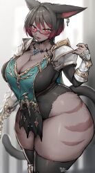 anthro big_breasts blush breasts cleavage female furry glasses huge_breasts leotard suurin_(ksyaro) tagme thick_thighs thighhighs wide_hips