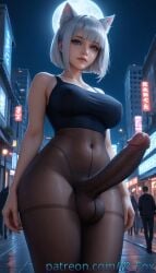 1futa absurdly_large_cock ai_generated big_breasts black_pantyhose black_tights blue_eyes blue_topwear breasts bulge bulge_through_clothing bulge_under_clothes city city_background city_lights cityscape dick fox_ears fox_girl futadom futanari giant_cock giant_dick giant_penis hi_res high_resolution highres ip_fox looking_at_viewer moon neon_sign original_character patreon_url patreon_username penis people_in_background short_hair silver_hair taker_pov uncensored url veiny_penis watermark web_address