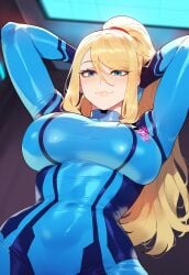 ai_generated big_breasts blonde_hair blue_eyes breasts curvy dark-skinned_male dark_skin female huge_breasts indoors interracial juuicyai large_breasts light-skinned_female light_skin massive_breasts metroid narrow_waist samus_aran thick_thighs wide_hips