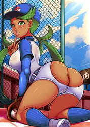 1girls absurdres ass baseball baseball_uniform blush dark-skinned_female dark_skin female female_only green_eyes green_hair human kneehighs long_hair mallow_(pokemon) nintendo pokemon pokemon_(anime) pokemon_sm revolverwingstudios sideboob solo sport text