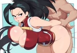 1boy 1girls abs ai_generated arm_grab boku_no_hero_academia bouncing_breasts female large_breasts momo_yaoyorozu mullon my_hero_academia novelai sex solo superheroine