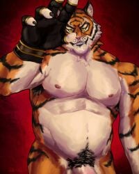 absurd_res anthro ariwolfer barazoku belly bellyhair biceps big_bulge body_hair bottomless bulge chest_fur claws clothed clothing epic_games felid fingerless_gloves fingers fortnite fur genitals gloves handwear hi_res looking_at_viewer male mammal mature_anthro mature_male mostly_nude multicolored_body multicolored_fur musclegut muscular navel nipples nude orange_body orange_fur oscar_(fortnite) pantherine pecs penis pink_nipples pubes red_background simple_background slightly_chubby smile smiling_at_viewer solo standing striped_body stripes teeth tiger white_body white_fur yellow_eyes yellow_sclera