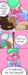 ass breasts brown_hair comic comic_page dreamscreep duo e-69 earth69 green_hair jacob_(earth69) robot speech_bubble spiked_collar