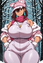 ai_generated ayase_momo brown_hair cap civitai dandadan earrings gloves hands hat hips hourglass_figure huge_breasts jacket jeans necklace on outside scarf smiling smirking snow thick_thighs trees