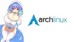 1girls arch_girl arch_linux blue_hair blue_panties cleavage cute desktop_wallpaper edit edited edited_image exposed_panties female hoodie huge_breasts hyper_breasts linux panties riko_(shuz) shortstack shuz_(dodidu) solo_female striped_panties twintails wallpaper young