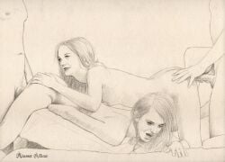 2boys 2girls actress almoner_atticus ambiguous_penetration bonnie_wright brown_hair celebrity emma_watson foursome ginger ginny_weasley hand_on_butt harry_potter hogwarts_student on_bed on_stomach red_hair sketch small_breasts suprised_look