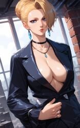 1girls ai_generated big_breasts blonde_hair blue_eyes building busty clothed collar curvaceous dress earrings female hair_bun king_of_fighters light-skinned_female light_skin long_hair mature_(kof) natural_breasts one_eye_covered one_eye_obstructed pale-skinned_female pale_skin soft_breasts voluptuous voluptuous_female white_skin