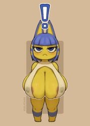 1girls animal_crossing ankha anthro cat_ears exclamation_point feline female huge_breasts keelpowah lactating lactation lactation_through_clothes lactation_without_expressing nintendo nipple_bulge nipples_visible_through_clothing shortstack yellow_body