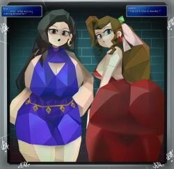 2girls aerith_gainsborough ass big_ass big_breasts black_hair bottom_heavy breasts brown_hair bubble_butt busty captain_kirb cleavage dat_ass dress ear_piercing earrings fat_ass female female_only final_fantasy_vii hand_on_hip huge_ass huge_breasts large_ass large_breasts looking_at_viewer looking_back low_poly massive_ass masturbation piercing png polygon polygonal text text_box thick_ass thick_thighs tifa_lockhart wide_hips