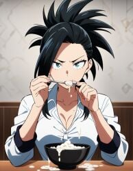 1girls ai_generated black_hair boku_no_hero_academia bowl breasts cum cum_in_bowl cum_in_mouth cum_on_breasts cum_on_clothes cum_on_face eating eating_cum momo_yaoyorozu morindar my_hero_academia shirt swallowing swallowing_cum white_shirt