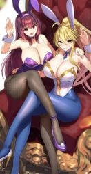 2girls ahoge animal_ears artoria_pendragon_(all) artoria_pendragon_(fate) artoria_pendragon_(swimsuit_ruler)_(fate) artoria_pendragon_(swimsuit_ruler)_(first_ascension)_(fate) bare_shoulders blonde_hair blue_pantyhose blush braid breasts cleavage clothing_cutout detached_collar fake_animal_ears fate/grand_order fate_(series) fishnet_pantyhose fishnets french_braid green_eyes hair_between_eyes high_heels highleg highleg_leotard highres large_breasts leotard long_hair looking_at_viewer multiple_girls muunyan_(yumenekoya) navel navel_cutout necktie open_mouth pantyhose playboy_bunny ponytail purple_hair purple_leotard rabbit_ears red_eyes scathach_(fate) scathach_(piercing_bunny)_(fate) sidelocks sitting smile thighs tiara white_leotard wrist_cuffs