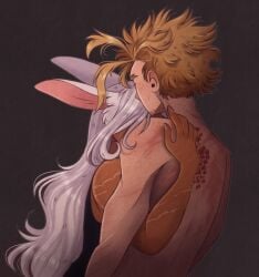 1boy 1girls blonde_hair blonde_hair_male boku_no_hero_academia bunny_ears bunny_girl embrace female freckles hawks_(my_hero_academia) hugging keigo_takami long_hair male male/female mirko miruko my_hero_academia rabbit_ears rabbit_girl rumi_usagiyama scar shirtless shirtless_male straight takami_keigo topless white_hair