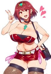 ai_generated chest_jewel cleavage condom_belt core_crystal_(xenoblade) eyeshadow female fishnet_thighhighs hair_ornament handbag hoop_earrings legs_apart lipstick microskirt miniskirt navel open_mouth peace_sign pose prostitution purple_eyeshadow pyra pyra_(xenoblade) red_clothes red_hair shiny_skin short_hair side_slit smile strapless tiara tube_top under_boob used_condom xenoblade_(series) xenoblade_chronicles_2