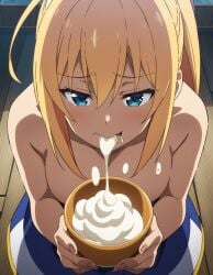 1girls ai_generated blonde_hair blue_eyes bowl breasts closed_mouth completely_nude completely_nude_female cum cum_bowl cum_drinking cum_drip cum_in_bowl cum_in_mouth darkness_(konosuba) drooling eating eating_cum female female_only kono_subarashii_sekai_ni_shukufuku_wo! morindar open_eyes swallowing swallowing_cum