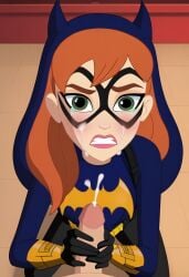 ai_generated barbara_gordon batgirl blush cum dc dc_comics dc_super_hero_girls embarrassed handjob kneeling looking_at_viewer nw_th offscreen_character offscreen_male partial_male penis sex