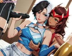 1girls 3futas ai_generated angela_(aldrif_odinsdottir) bed bedroom behind_another black_and_white_hair black_hair blue_eyes breast_grab breast_grab_from_behind choker dark-skinned_futa dizbabes erection erection_under_clothes female futa_on_female futanari gangbang green_eyes grope groping groping_breasts groping_from_behind group_sex handjob illyana_rasputin imminent_gangbang imminent_sex large_penis long_hair luna_snow luna_snow_(marvel_rivals) magik_(illyana_rasputin) magik_(marvel_rivals) marvel marvel_rivals midriff multicolored_hair navel on_bed penis scarlet_witch scarlet_witch_(marvel_rivals) short_hair shorts stable_diffusion video_game_character video_games wanda_maximoff white_hair