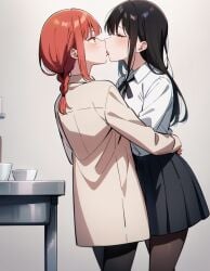 2girls ai_generated black_hair black_stockings chainsaw_man closed_eyes kissing kissing lesbian_kiss makima_(chainsaw_man) mitaka_asa morindar open_eyes red_hair shirt stockings tongue tongue_out white_shirt yellow_eyes yuri yuri