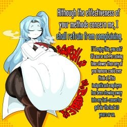 1girls angela_(lobotomy_corporation) big_ass big_belly blue_hair dialogue digestion_noises eyes_closed fat_ass fully_clothed hands_crossed hands_on_belly lobotomy_corporation project_moon steamy_breath stomach_noises struggling_prey text thick_thighs tuppenjskewer uncaring uncaring_pred vore vore_belly white_skin