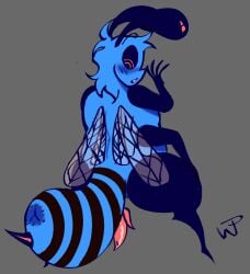 2024 4_arms animal_humanoid anthro anus arthropod arthropod_humanoid bee blue_body blue_fur blush digital_drawing_(artwork) digital_media_(artwork) fur genitals hair hi_res humanoid hymenopteran indigo_(kappi0) insect_wings insects kappi0 loaltoff long_hair male multi_arm multi_limb nude open_mouth penis signature simple_background slightly_chubby solo stinger stripes tagme tapering_penis watermark wings