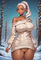 1girls ai_generated big_breasts dark-skinned_female dark_elf elf elf_ears elf_female jokerofhearts pussy snow solo sweater winter